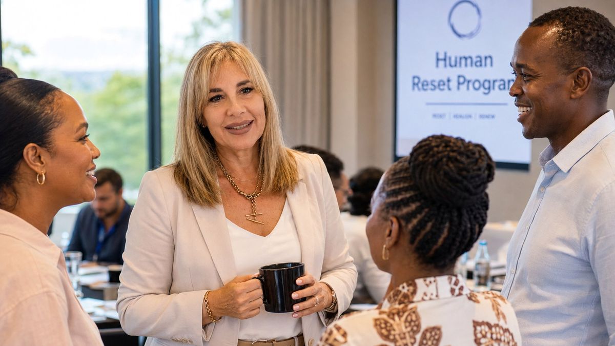 Shareen Richter talking with a corporate team at a Human Reset session